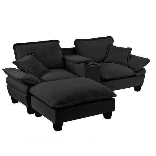 Canapé d'angle modulaire,Canapé nuage en Forme L avec porte-gobelets et rangement,port USB,1 Ottomane mobile,En chenille,Noir