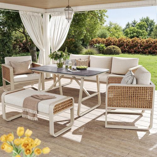 Salon De Jardin- Canapé Jardin Avec Coussins Lavables- 7 Places- Avec Table D'appoint- Pieds Réglables Pour Terrasse/Balcon/Jardin- Beige