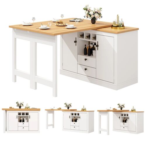 Ilot de Cuisine Extensible Multifonction- Table de bar Rotative 360°Réglable 120-180cm- Avec 2 tiroirs & Portes- Blanc
