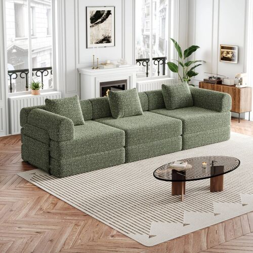 Canapé modulable 3 place avec compartiment,Sofa convertible en chenille,Accoudoir multifonction, Idéal petit espace,Vert