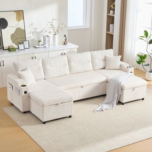 Canapé d'angle 4 Place Convertible- En Velours- Rangement Caché- Canapé-Lit avec Port USB et Porte-gobelets- Beige