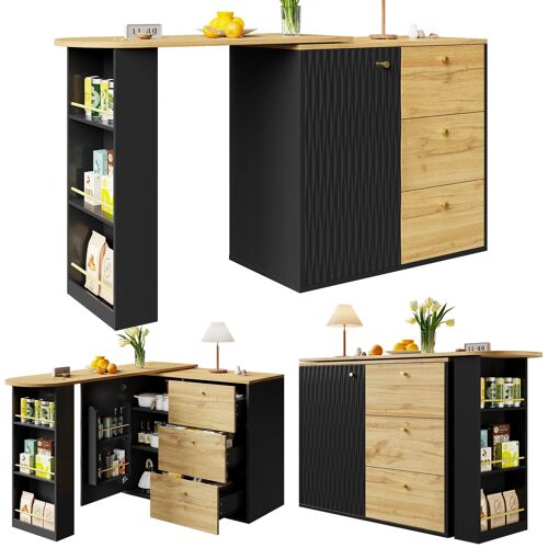Ilot de cuisine avec rangement,138-204×39×104cm,Table de bar extensible avec 3 tiroirs et étagères latérales,Noir