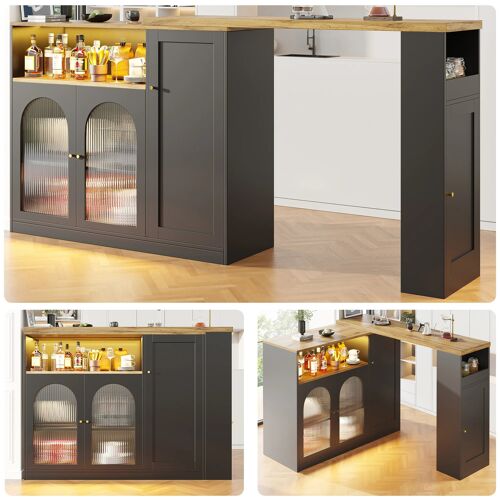 Ilot de cuisine Mat,108-197 x 39,6 x 97 cm,Table de bar rotative 360°Avec porte vitrée et lumière LED,Buffet/Cave à vin,Noir