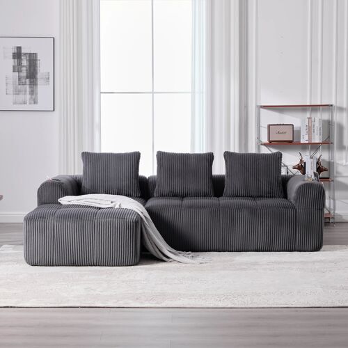 Canapé d'angle convertible 3-4 places,En Velours Côtelé,avec poche latérale et porte-gobelet,253 x 158 x 61cm,Gris