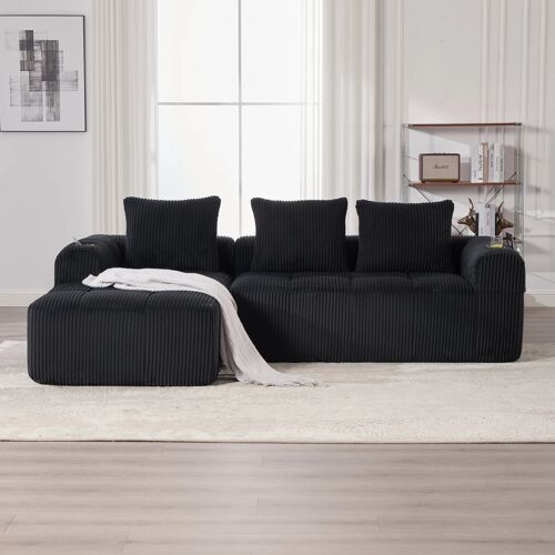 Canapé d'angle convertible 3-4 places,En Velours Côtelé,avec poche latérale et porte-gobelet,253 x 158 x 61cm,Noir