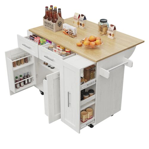 Ilot de cuisine,Buffet de cuisine multifonctionnelle avec 2 tiroirs et étagères,110×46(74)×90,5cm,Table à manger,Blanc
