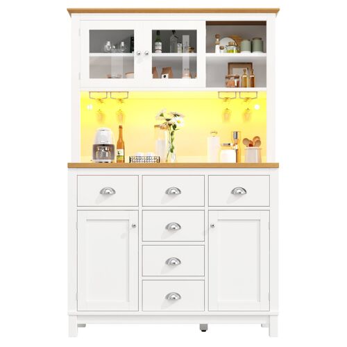 Buffet de cuisine,Armoire de rangement en MDF avec 4 portes et 6 Tiroirs,Bande LED Contrôle APP,104×40×180cm,Blanc