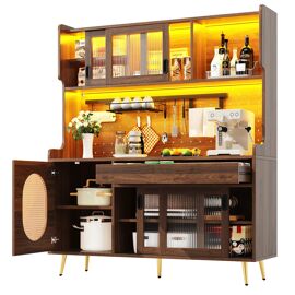 Buffet de cuisine,Armoire de rangement en MDF avec 4 portes et Panneau perforé,Bande LED Contrôle APP,145×39×171cm,Marron