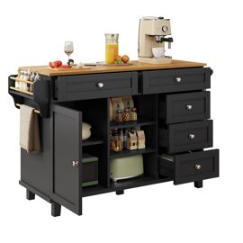 Ilot de cuisine Mobile,Armoire de cuisine en MDF avec 5 Tiroirs et Portes,Rangement intérieur intelligent,134 x 46 x 92 cm,Noir