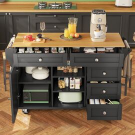 Ilot de cuisine Mobile,Armoire de cuisine en MDF avec 5 Tiroirs et Portes,Design 2 modes mobile/fixe,134 x 46 x 92 cm,Noir