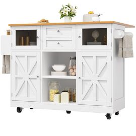 Ilot de Cuisine,Buffet de Cuisine avec Plan de Travail,Porte-Serviettes et Tiroir,Roulettes,140 x 40(70) x 93,5 cm,Blanc