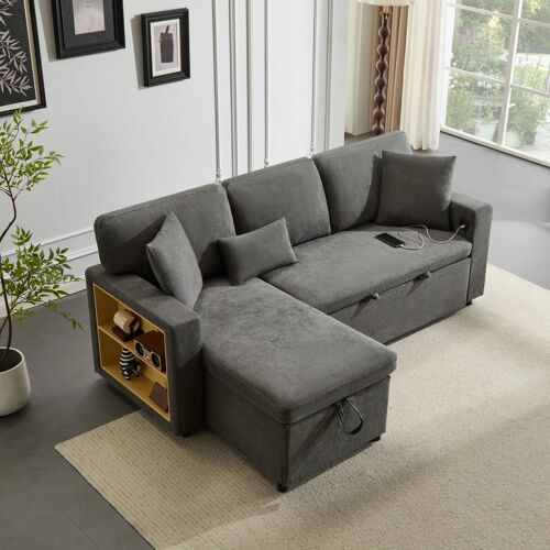 Canapé d'Angle Extensible- 4 Places- En Tissu Oxford- Canapé Lit avec Prise USB- 214 × 131 × 87 cm- Gris