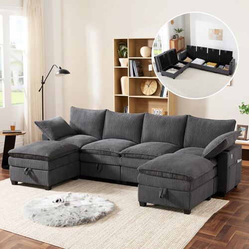 Canapé d'Angle U/L-Form Multifonction avec Rangement Caché- 5/6 Places- Avec Ports USB et Porte-Verres- Oreillers Lombaire- Gris