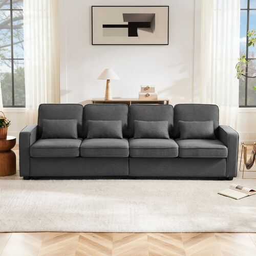Canapé droit 4/5 Places en Lin Moderne- Poches aux Accoudoirs- 4 Oreillers Lombaire- 264 x 83 x 87cm- Gris foncé