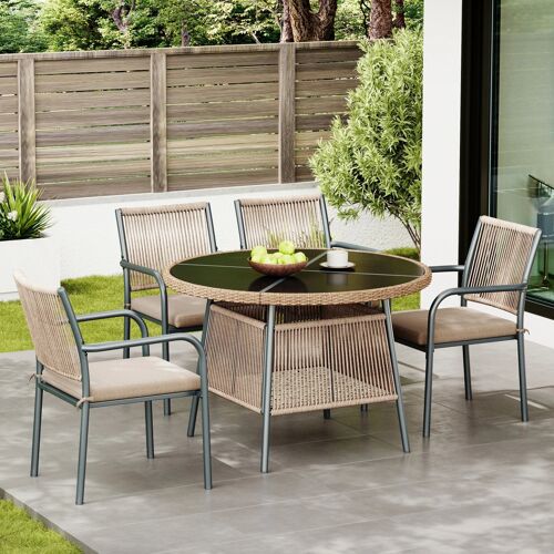 Ensemble De Jardin Moderne En Rotin- Table Ronde En Verre Et 4 Fauteuils Accoudoirs, Structure En Fer, Pour Terrasse Balcon-Gris