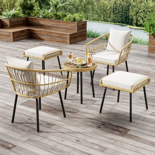 Ensemble De Jardin Lounge 5 Pièces En Rotin Naturel ¿ 1 Table Et 2 Chaises Et 2 Tabourets Pour Terrasse