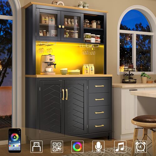 Buffet haut de cuisine Noir 105,5x40x180 cm,Style campagne, 4 portes, bande LED et porte-gobelets, meuble de rangement