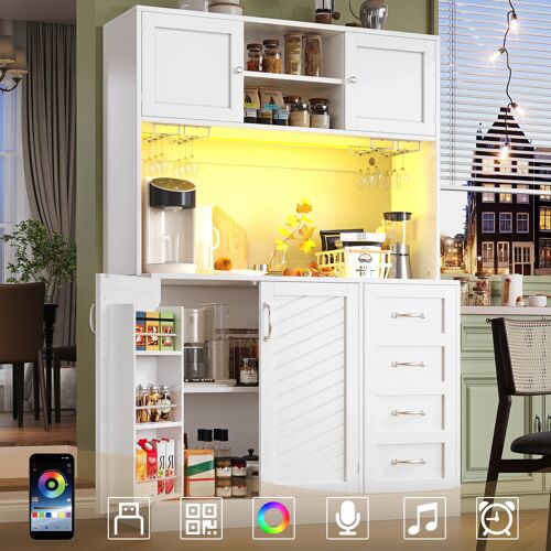Armoire de cuisine,Buffet Haute Cusine avec éclairage LED, étagère à snacks et porte-gobelets,4 portes et 2 grands tiroirs,120x40x188cm,Blanc