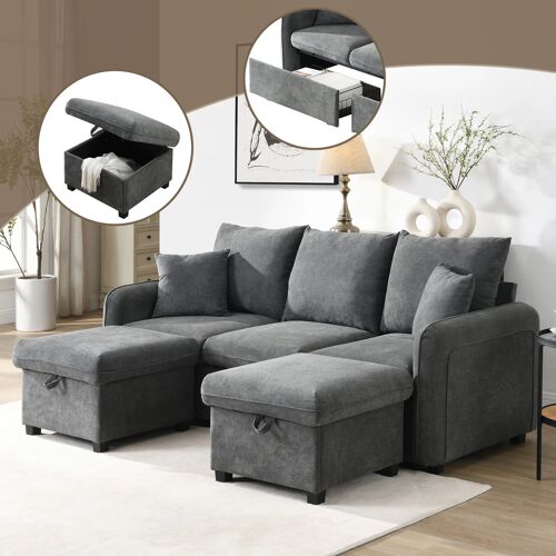 Canapé d'Angle U-Form Multifonction 3 places,2 Poufs à Rangement, Fonction Couchage, Tissu Chenille