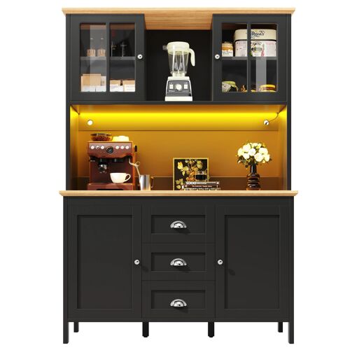 Armoire haute cuisine- buffet de Cuisine avec éclairage LED- Portes vitrées marron intégrées- 120x40x179cm- Noir