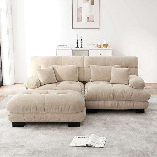 Canapé d'Angle Nuageux en Chenille pour Salon,2 Coussins Lombaires et 2 Coussins,accoudoirs larges et ottoman,Chenille Beige Clair