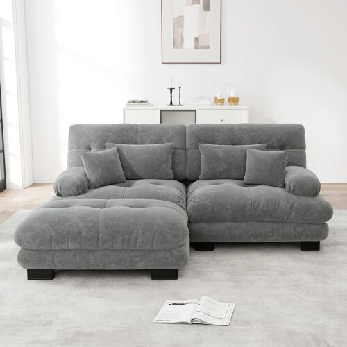 Canapé d'Angle Nuageux en Chenille pour Salon,2 Coussins Lombaires et 2 Coussins,accoudoirs larges et ottoman,Chenille Gris