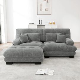 Canapé d'Angle Nuageux en Chenille pour Salon,2 Coussins Lombaires et 2 Coussins,accoudoirs larges et ottoman,Chenille Gris