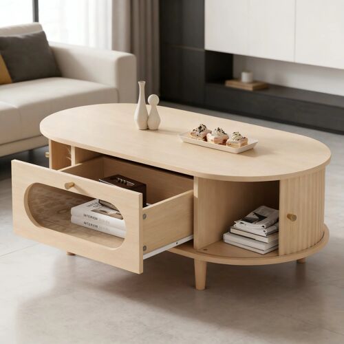 Table basse salon 100x50x36 cm avec tiroir, porte coulissante et 4 pieds de support,couleur bois clair