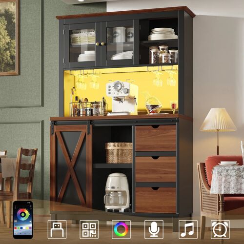 Buffet de cuisine 104 cm avec Plan de travail- Meuble de Cuisine avec 3 Tiroirs & Portes- Lumière LED Intelligent- Noir