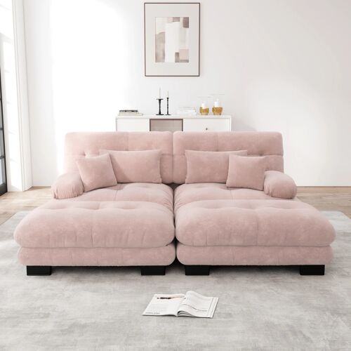Canapé d'Angle Nuageux en Chenille pour Salon- 2 Coussins Lombaires et 2 Coussins et2 ottoman,accoudoirs larges, Chenille Rose