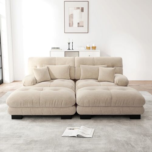 Canapé d'Angle Nuageux en Chenille pour Salon- 2 Coussins Lombaires et 2 Coussins et2 ottoman,accoudoirs larges, Chenille Beige Clair