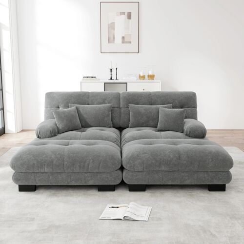 Canapé d'Angle Nuageux en Chenille pour Salon- 2 Coussins Lombaires et 2 Coussins et2 ottoman,accoudoirs larges, Chenille Gris
