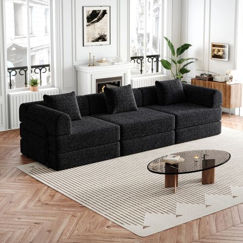Canapé modulable 3 Places avec compartiment,Canapé-lit 2-en-1 chenille,Rangement accoudoir 3 cadres acier montage facile,Noir