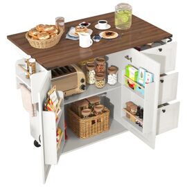 Ilot de cuisine,Buffet de cuisine Avec Plan de Travail,3 tiroirs et Porte et Porte-serviettes,140×45 (73)×92.5cm,Blanc