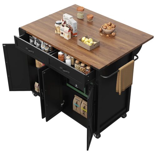 Ilot de cuisine,Buffet de cuisine Avec Plan de Travail extensible,2 tiroirs et 2 Portes et Porte-serviettes,140×45 (72)×91cm,Noir