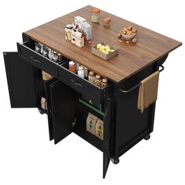 Ilot de cuisine,Buffet de cuisine Avec Plan de Travail extensible,2 tiroirs et 2 Portes et Porte-serviettes,140×45 (72)×91cm,Noir