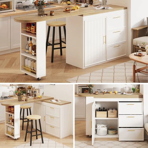 Buffet Cuisine,Ilot de Cuisine Extensible 128-203×39×90cm,Table Bar Rotatif 360°avec 3 tiroirs et étagère latérale,Blanc