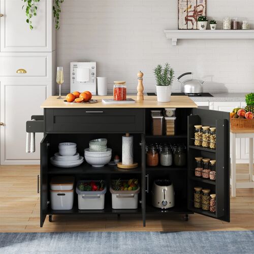 Ilot de Cuisine Extensible,Roulettes 360° Avec Tiroirs et Rangement Multi-zones,Plan de travail rabattable,Noir