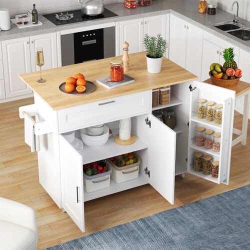 Ilot de Cuisine Extensible,Roulettes 360° Avec Tiroirs et Rangement Multi-zones,Plan de travail rabattable,Blanc