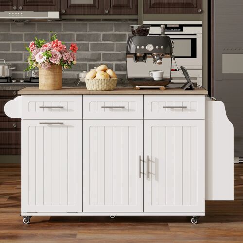 Buffet de cuisine- Ilot de Cuisine Extensible- Roulettes 360° Avec 3 Tiroirs et Multiprise & USB- Blanc
