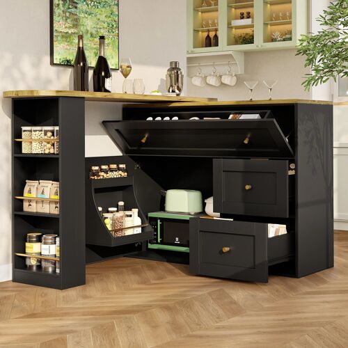 Buffet de cuisine- Ilot de Cuisine Extensible 138-204×39×105cm- Table Bar 360°avec 2 tiroirs & étagère à snacks- Noir