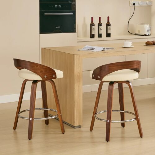Set de 2 Tabourets de Bar 63cm - Pivotants en bois, dossier bas, assise moelleuse beige