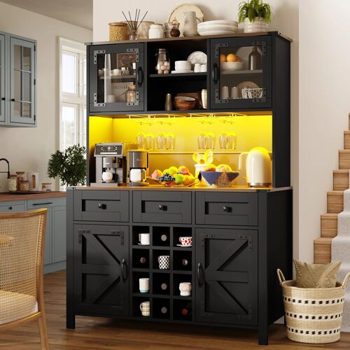 Meuble haut de rangement noir pour cuisine,4 portes, 3 tiroirs, bande LED, ports USB et prises électriques