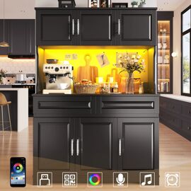 Buffet de Cuisine Moderne,Armoire haute cuisine avec éclairage intelligent,Avec Plan de travail,Tiroirs et Portes,108x40x180cm,Noir