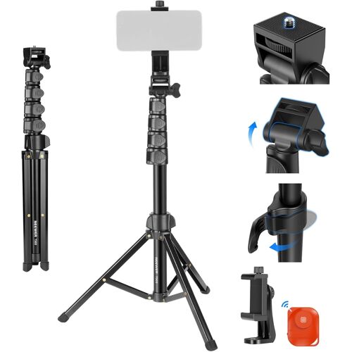 NEEWER BASIC Phone Trépied Remote Contol pour iPhone & Caméra & Support de Téléphone, 66"" Perche à Selfie en Métal, Support de Smartphone Caméra Portable Pour Voyage Vlog Enregistrement Vidéo, TS03