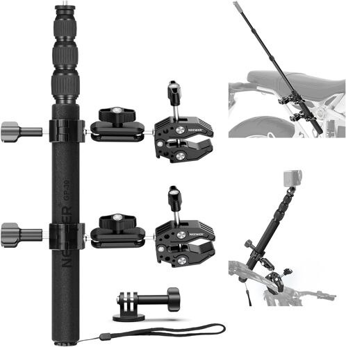 NEEWER Kit d'accessoires de Support pour Moto Compatible avec GoPro Insta360 DJI; Perche à Selfie Invisible à Double Pince pour Guidon de Vélo avec Adaptateur pour Caméra d'Action et Vidéo POV, GP-30