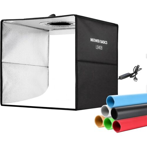 NEEWER BASICS Cabine lumineuse pour studio photo, tente pliante bicolore 40,6 x 40,6cm avec 6 fonds de couleur, 120 LED IRC 95+ à intensité variable pour la photographie de table, LB40B
