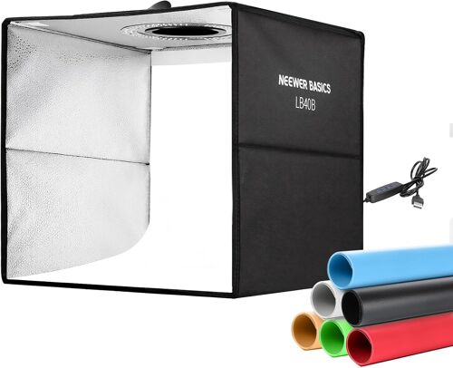 NEEWER BASICS Cabine lumineuse pour studio photo, tente pliante bicolore 40,6 x 40,6cm avec 6 fonds de couleur, 120 LED IRC 95+ à intensité variable pour la photographie de table, LB40B