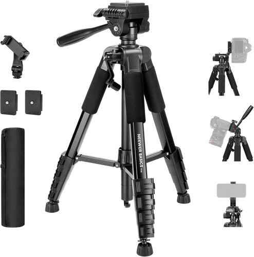 NEEWER BASICS Trépied pour appareil photo, trépied 188cm avec support pour téléphone portable compatible avec iPhone, trépied de voyage professionnel léger en aluminium avec tête panoramique, TP56