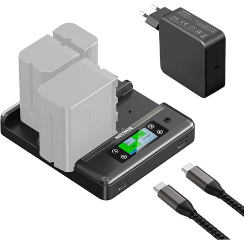 NEEWER NP-F970 Chargeur à 4 Canaux avec Consolidation Intelligente d'Alimentation,Compatible avec Sony NP-F550 750 Batterie NPF des Caméscope,Charge Rapide PD100W,Double Port USB C & écran OLED,NW-F4R